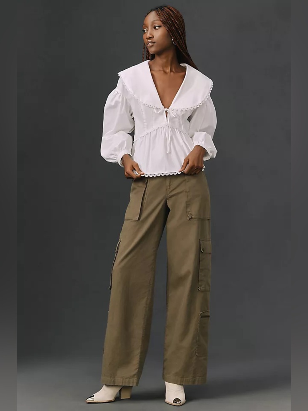 NEW Reformation Renna Top, lace sailor collar, white cotton poplin, size 4 - Picture 3 of 16